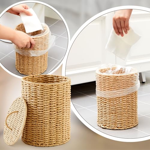 Image of Ctosree 1.3 Gallons Small Trash Can with Lid Handle Boho Woven Braided Bathroom Waste Basket Trash Can with 100 Garbage Bags for Bedroom Office Laundry(Braided Paper Rope, Primary Color)