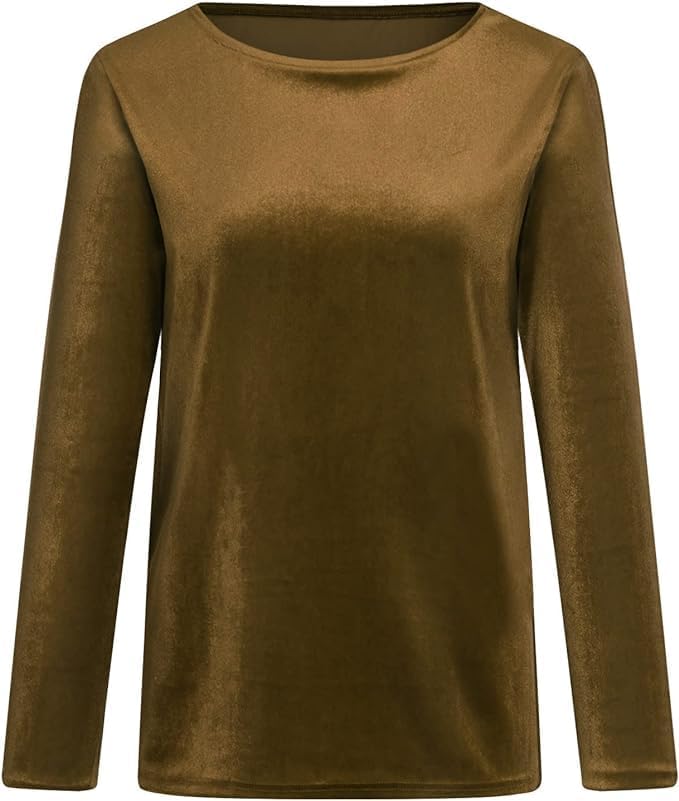 Fronage Women's Boat Neck Velvet Tops Casual Long Sleeve Crewneck Velour Blouse Shirt - Image 3