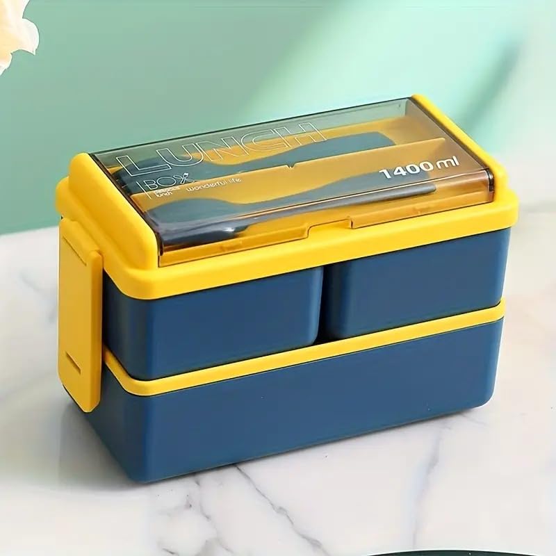The SR Brand 3-Compartment Lunch Box for Office Men and Lunch Box for Kids, Portable Double-Layer Lunch Box with Cutlery and Lid,Microwave Safe Lunch Boxes (Pack of 1, Plastic), 1400 Ml (Yellow)