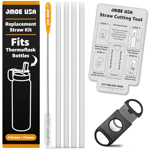 Jmoe USA Replacement Straws For Thermoflask Water Bottles | Fits 14, 16, 18, 24, 32, 40, 64 oz | BPA Free | Customizable Length With Measuring & Cutting Tool