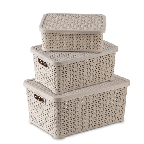 Image of Jaypee Plus Keep all 3 Plastic Storage Basket Organizers With Lid For Kitchen,Fridge, Office Wardrobe, Stationery, Household, Toys & Multipurpose use Pack of 3 Durable Box, Beige