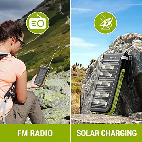 Solar Power Bank 36800Mah,Emergency Radio With Wireless Charger Portable External Battery,15W 5V/3A Fast Charger, Led Flashlight,5 Outputs Built-In 2 Cables For All Phone And Usb-C Devices #TOP3