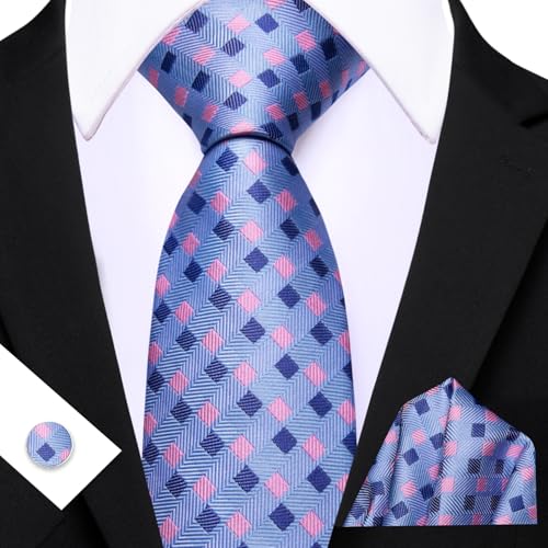 Image of YOHOWA Men Plaid /Striped Ties Set Silk Business Wedding Formal Fashion Necktie and Pocket Square Cufflinks Set