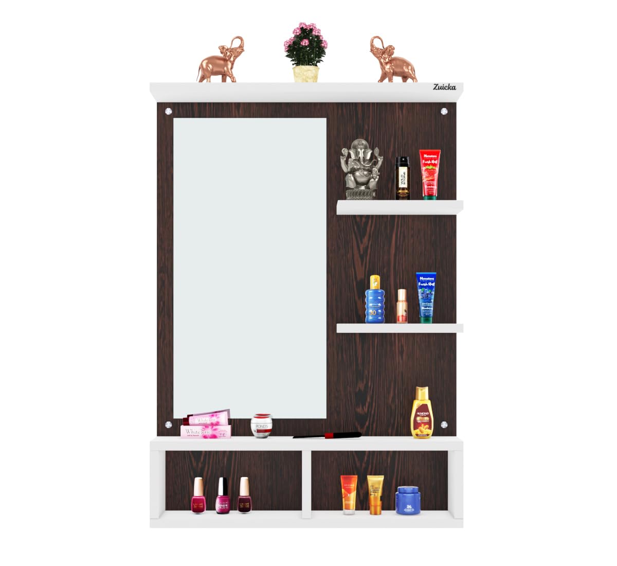 Wall Mounted Dressing Table with Mirror, White and Brown, Wood, 55cm x 80cm, Storage Shelves-picture-15