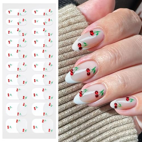 JMEOWIO Gel Nail Stickers Cherry French Tip Semi Cured Gel