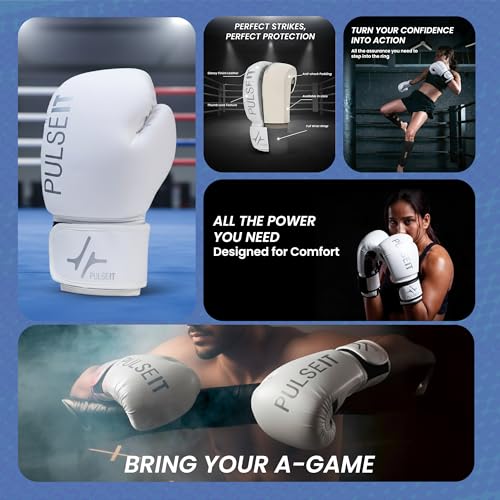 Image of Pulseit Knockout Boxing Gloves for Men & Women | Premium PU Leather | Training, Sparring, Kickboxing, Muay Thai & MMA | Multi-Layer Foam Padding, Wrist Support, Breathable (White)