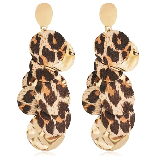 Unique Handmade Bohemian Round Leopard Acrylic Dangle Drop Earrings Statement Vintage 60s 70s Long Chain Resin Disk Stud Earrings for Women Boho Lightweight Summer Beach Jewelry