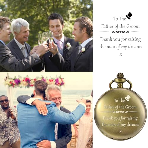 Image of TREEWETO Mens Engraved Pocket Watch Father of The Groom Gifts from Bride - to Dad of Groom Pocket Watches Wedding Gift for Father in Law