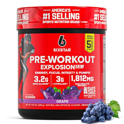 Six Star Pre-Workout Explosion, Grape (30 Servings) - Preworkout Energy Powder Supplement for Men & Women - Workout Drink Mix with L-Tyrosine & Beta Alanine - Sports Nutrition Products