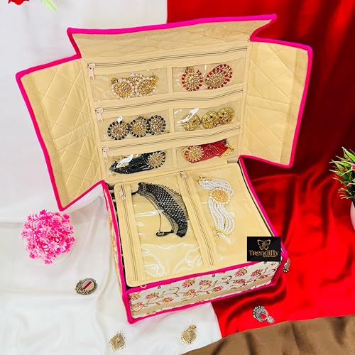 Image of Trendifly Royal Flower Design Jewellery Organiser bag | Travel Makeup Cosmetic Jewelry Storage organizer box for Bridal women Earrings Bracelet Necklace (Pink Tikki)