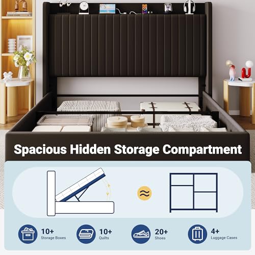 Image of Allewie King Size Lift Up Storage Bed Frame,Storage Shelf Headboard with Charging Station,Type-C and USB Ports,Hydraulic Support,Velvet Upholstered Bed Frame,No Box Spring Needed,Black