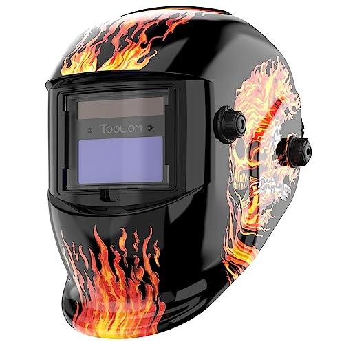 TOOLIOM Auto Darkening Welding Helmet True Color Solar Powered Welding Mask with Adjustable Shade 4/9-13 for TIG MIG Stick Flaming Skull Design Flamin