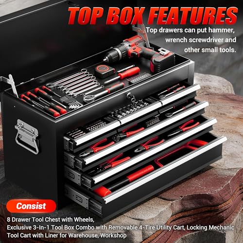 Image of 8-Drawer Rolling Tool Chest with Wheels, Lockable 3-in-1 Tool Box, Detachable Top Toolbox & Bottom Storage Cart with Side Hooks, Heavy Duty Steel Tool Cabinet for Garage, Workshop, Warehouse