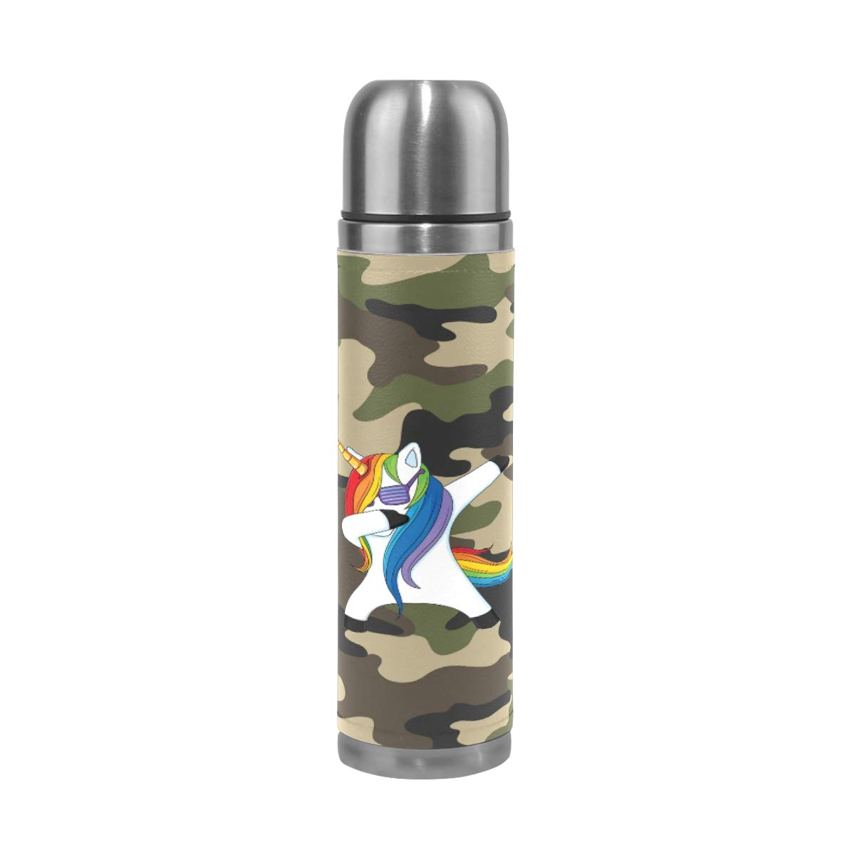 Taza de viaje aislada al vacío de acero inoxidable con doble pared a prueba de fugas, botellas de camuflaje, diseño de unicornio con estampado personalizado impreso en piel auténtica, 500 ml