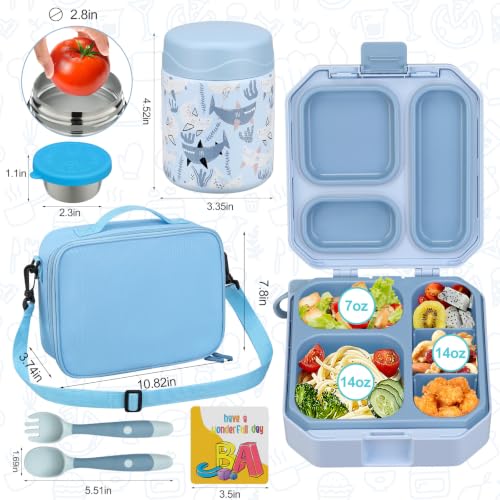 Image of wiwens Bento Lunch Box for Kids with 12oz Soup Thermo Leak-Proof Lunch Food Container with 5 Compartment Thermo Hot Food Jar and Insulated Lunch Bag for Kid Toddler Girls Boys to School