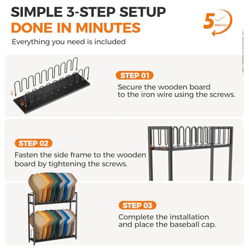 Cinati 2-Tier Hat Organizer for Baseball Caps, 2 Pack 18 Capacity Freestanding Baseball Cap Rack, Metal & Wood Hat Storage for Closet Entryway Bedroom, Black Cap Holder Stand, Gifts for Men Dad - image 9