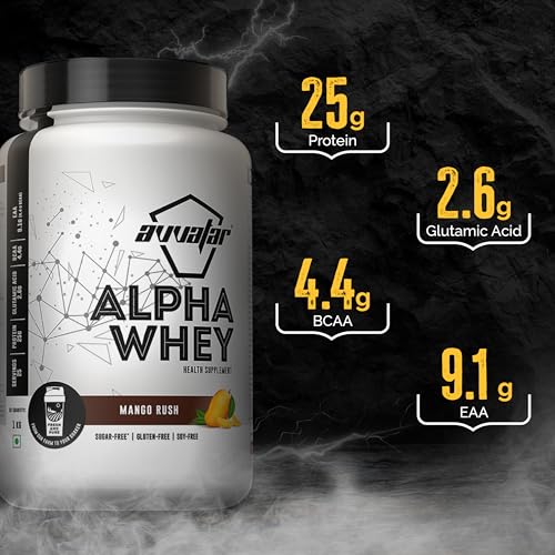 Image of avvatar ALPHA WHEY PROTEIN | 1Kg | Mango Rush Flavour | 25g Protein | 25 Servings