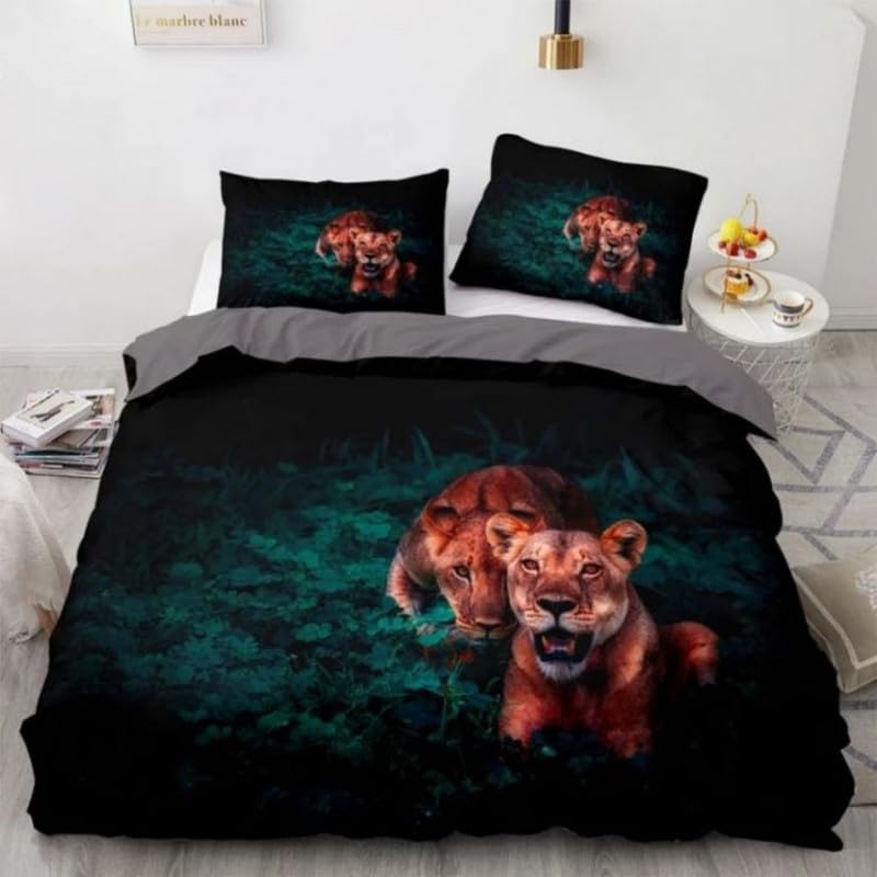 Parure de lit 90x190 lion vert avec housse de couette microfibre et taie 65x65