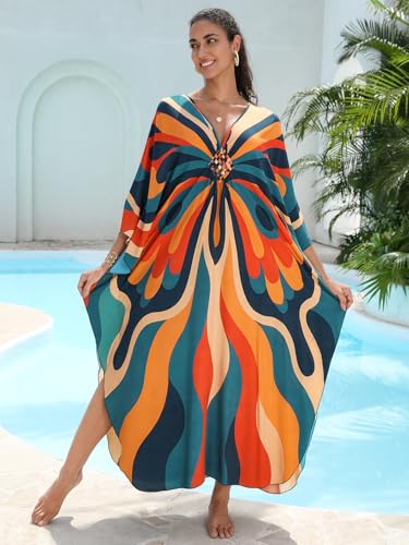 Image of IMAGEKOPE Women's Plus Size Animal Print V-Neck Batwing Kaftan Beach Dress Bathing Suit Cover-Up Loungewear