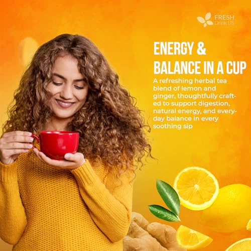 Image of FreshDrinkUS, Premium 150 Lemon Ginger Tea Bags, 100% Natural Ingredients, Hand-made Blend of Lemon and Ginger, Eco-conscious Tea Bags. No Sugar, No Caffeine, Vegan.