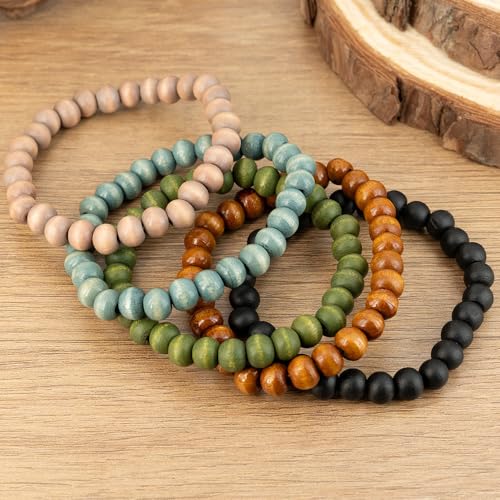 5pcs Wooden Bracelets for Women and Men, Elastic Handcraft Wooden Bead Retro Multi-layer Elastic Handcraft Bracelet,Vintage Bohemian Surfer Wristband Bangle Wrap Party Holiday Gift Accessories3