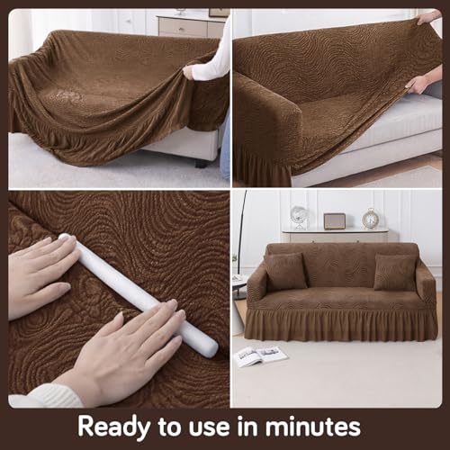 Image of HOKIPO 240 GSM Premium Jacquard Fully Covered Stretchable Frill Sofa Cover for 1 Seater, 'Serene Wave Series' Pecan Brown (AR-6352-BR)