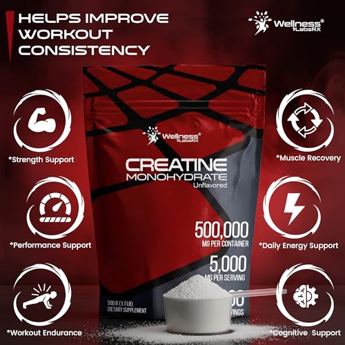Image of WELLNESS LABSRX Creatine Monohydrate Powder 500g - 100 Servings Micronized Creatine Powder Supplement, Unflavored Creatine for Women and Men, Supports Muscle Strength, Energy, Endurance and Workout