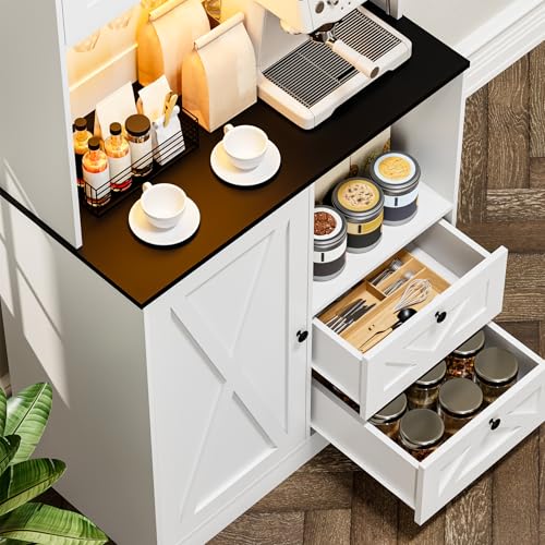 Image of 71''Kitchen Pantry Storage Cabinet with LED Lights and Power Outlet, Tall Farmhouse Kitchen Hutch with Microwave Stand,Globet Hooks and Adjustable Shelf for Dining Living Room,White