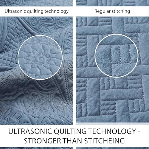IR Imperial Rooms Queen Quilt Bedding Set Size (90" x 96") + 2 Pillow Shams (20" x 26"+ 2") - 3 Pcs All Season Lightweight Reversible Microfiber Coverlet Floral Embossed Quilt Bedspread (Light Blue)