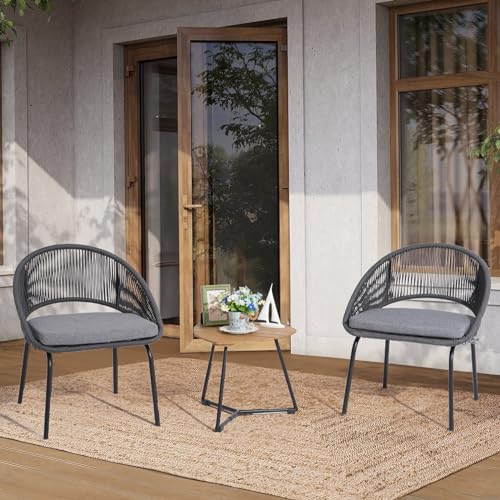 Yangming Patio Furniture Set, 3 Piece Outdoor Bistro Chair Conversation Sets Woven Rope with Wood Coffee Table for Yard Backyard Lawn Garden Porch Backyard Deck Poolside Balcony