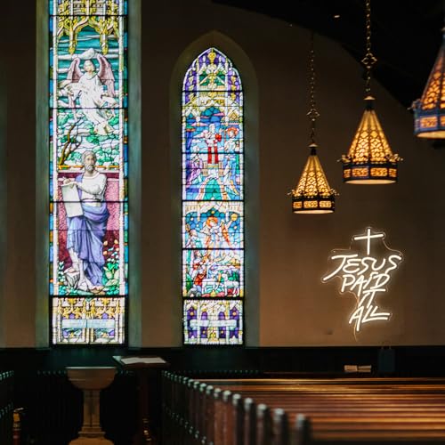 Image of Jesus Paid It All Neon Sign Warm White Cross Neon Light for Wall Decor Dimmable Jesus Cross LED Light Up Sign for Christian Church Christmas Home Wedding Decor Birthday Gifts(16.7*12.8 In)