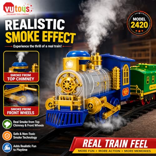 Image of R /C Train Set for Boys with Real Smoke, LED Lights & Music | 2.4GHz Remote Control Toy Train with Engine, Passenger Coach, Tanker Wagon, 12 Track Pieces, C-Type Charging & Water Dropper