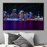 Framed Canvas Wall Art City Illuminations Aerial Cityscape Contemporary Multicolor Photography Places Realism - 16x24 inches