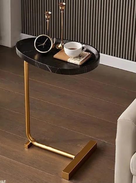 C Shaped End Table Slim Round Coffee Couch Bedside Nightstand, Small Wooden Sofa Side Table for Living Room, Bedroom, Office (Black)