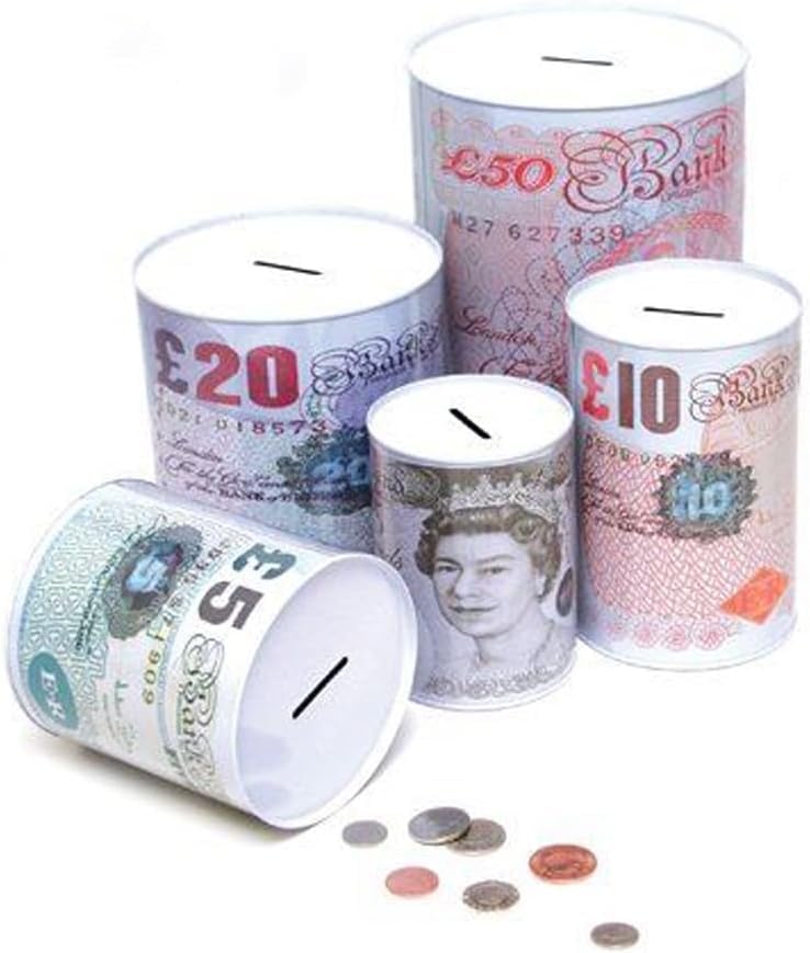 Sterling Pound Note Design Money Savings Tin Box Piggy Bank 15cm x 10cm Money Savings Tin Box Piggy Bank Money Pot Tinplate Saving Money Box £5 £10 £50 £20 Size. (2)