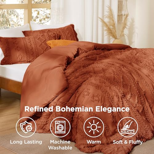 Image of Bedsure Tufted Boho Comforter Set Queen Size - Terracotta Boho Bed Set, GentleSoft 3 Pieces Farmhouse-Style Embroidery Bedding, Gifts for Woman, Soft Jacquard Kids' Queen Comforter for All Seasons