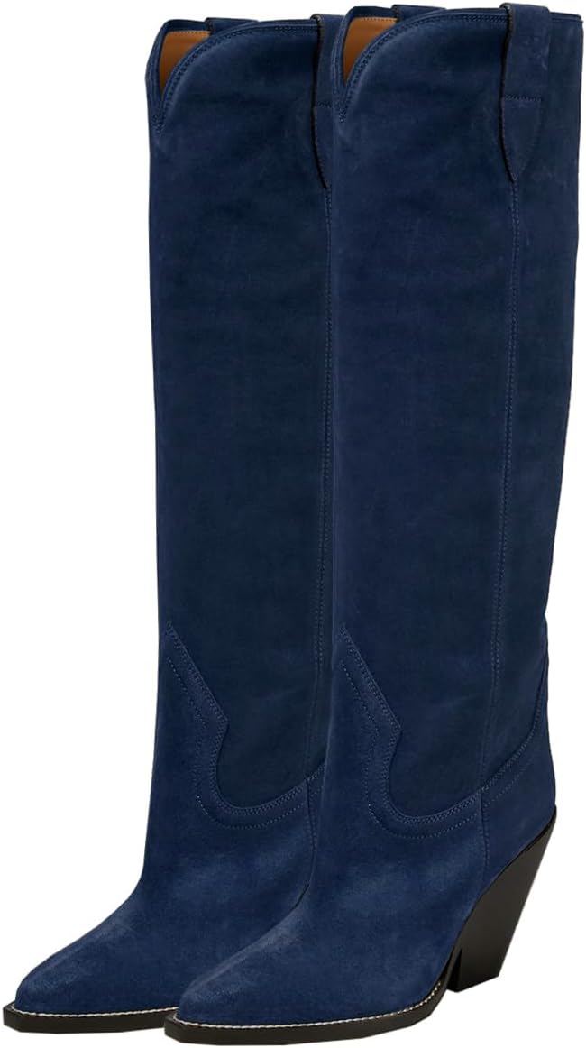 LEHOOR Women Cowboy Knee High Boots Chunky Block Heel Pointed Toe Suede Western Cowgirl Boots Wide Calf Pull On 3" High Stacked Heels Tall Dress Boot Fall Fashion Winter Riding Boot Retro 4-11 M US