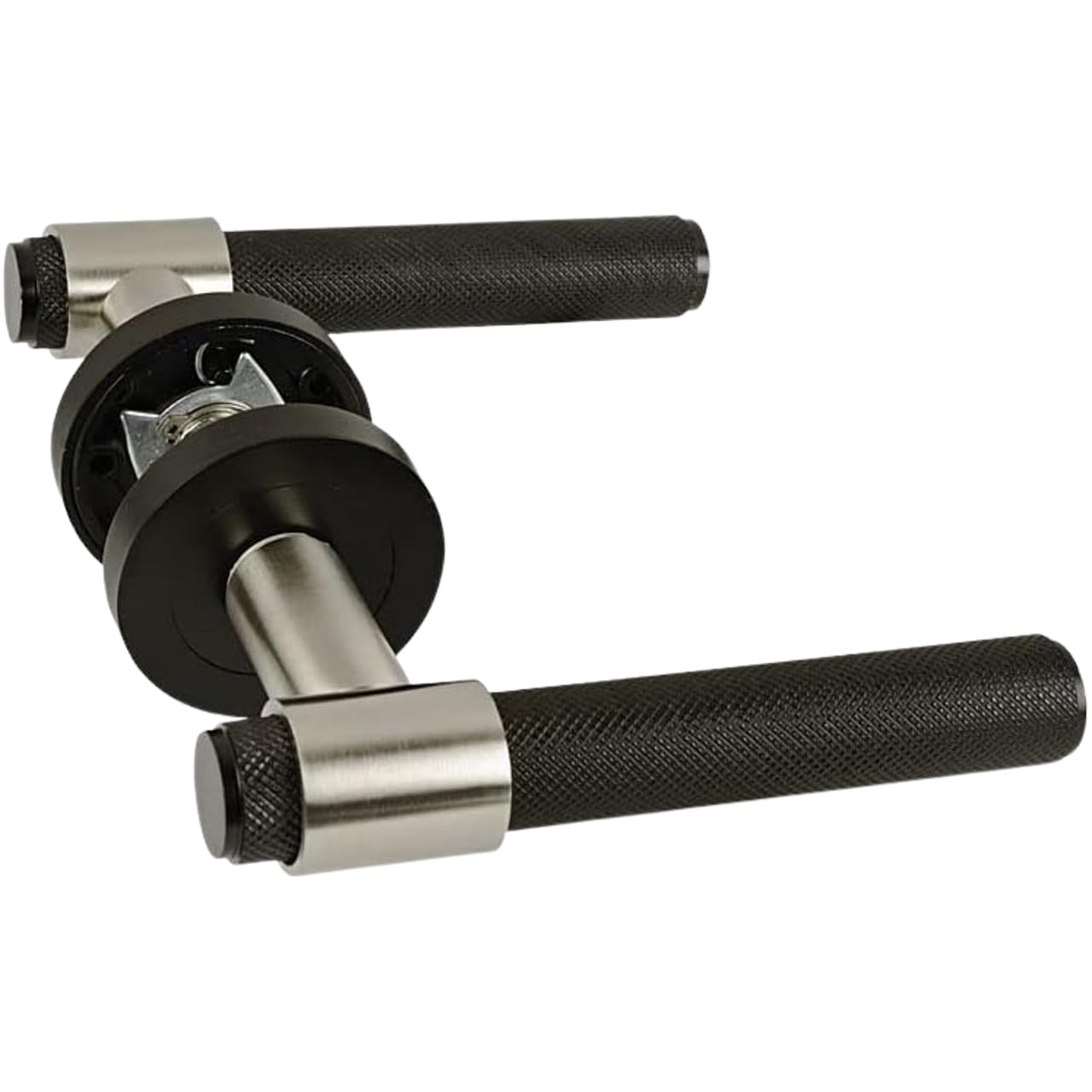 Handlestore Matt Black/Satin Nickel Knurled Lever On Rose Door Handles – With Loop, Pair – Modern Interior Door Handle Set