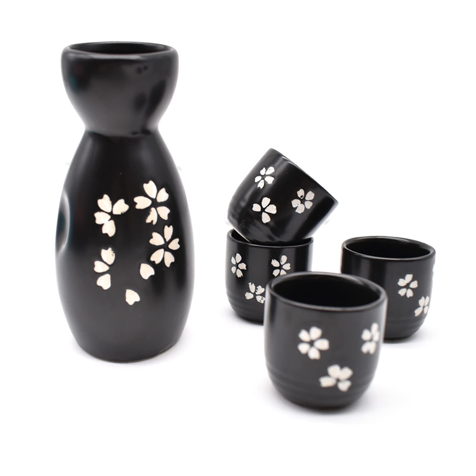 Set da Sake Giapponese,5 Pezzi Ceramica Tradizionale Porcellana Bicchieri da Vino Dipinti a Mano Fiori di Ciliegio Sake Pot Tazze Artigianale Regalo Set(Nero)