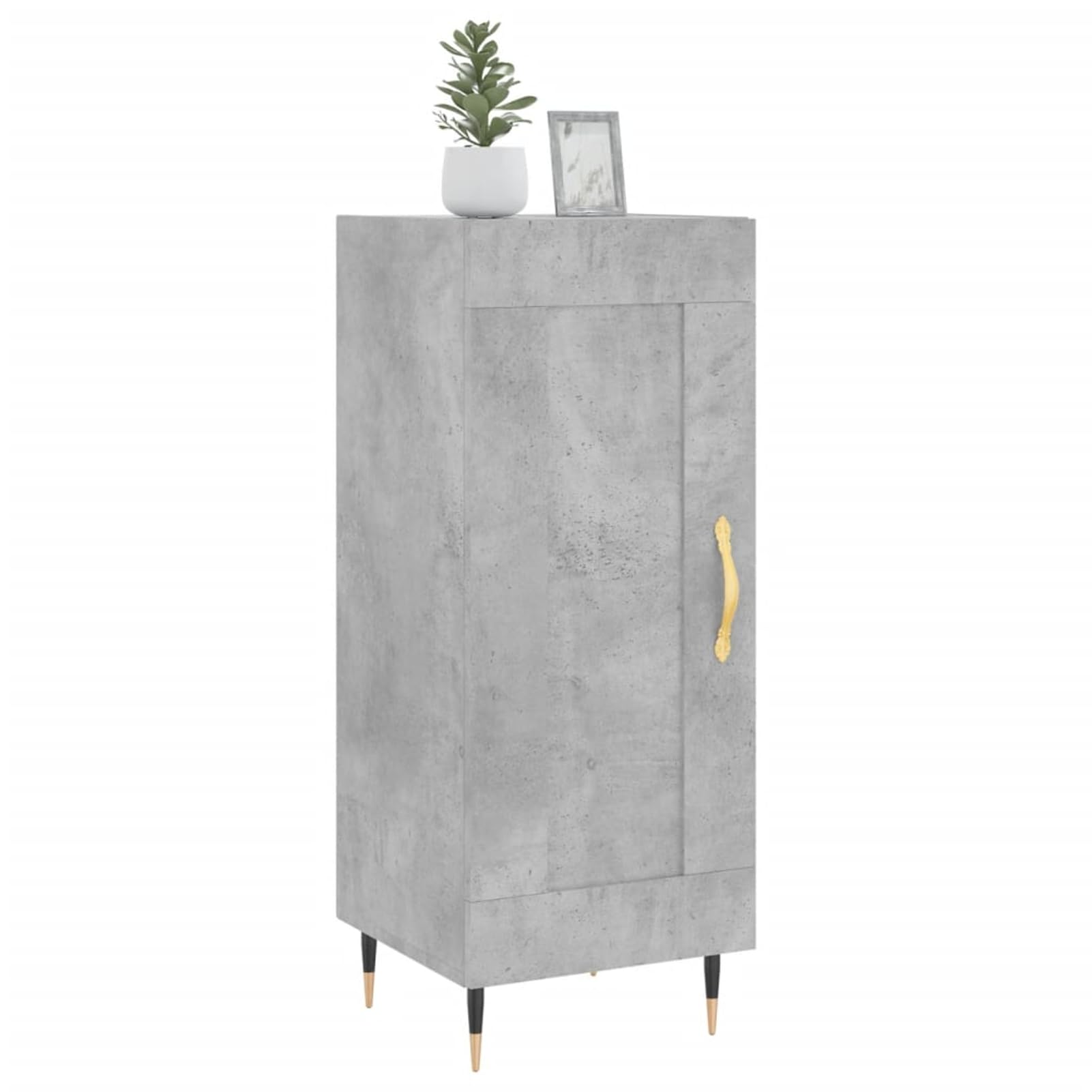 Kredens szary betonowy 34,5 x 34 x 90 cm, materiał drewnopochodny z metalowymi nogami – nowoczesny mebel do salonu zapewnia porządek w przestrzeni do przechowywania i prezentacji dekoracyjnej