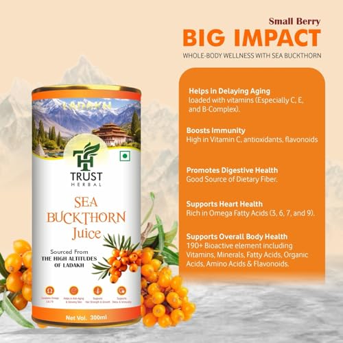Image of TRUST HERBAL Himalayan Sea Buckthorn Juice - 300 ML | Pulp Concentrate Made for Your Total Body Care & Wellness | Natural Source of Vitamin C, Omega 3, 6, 7, 9 & Antioxidants | For Men & Women (PACK OF 1) (300 ML)