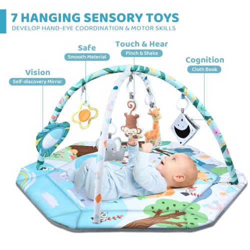 Baby Gym Play Mat, 8-in-1 Tummy Time Mat & Ball Pit with 6 Toys, Washable Baby Activity Play Mat for Visual, Hearing, Sensory, Motor Development, Baby Toys Gift for Toddler Infant 0-3-6-9-12 Months