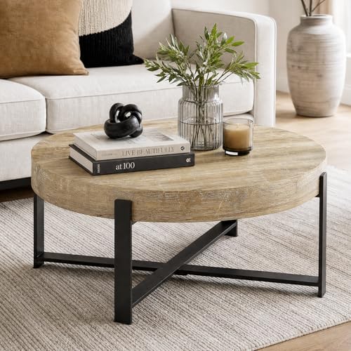 Round Coffee Table, Small Wood Coffee Table with Metal Frame, Modern Rustic Distressed Wood Grain Circle Tables Accent Center Tables for Living Room Apartment Small Space (31.5''D-Retro Natural)