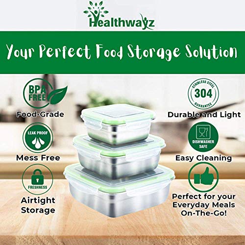 Healthwayz Stainless Steel Food Containers Set Of 3 Stackable Lunch Boxes Sandwich Salad Containers For Kids Adults Kitchen Storage Leak Proof Bpa-Free Eco Friendly Bonus Recipe Ebook & Videos #TOP3