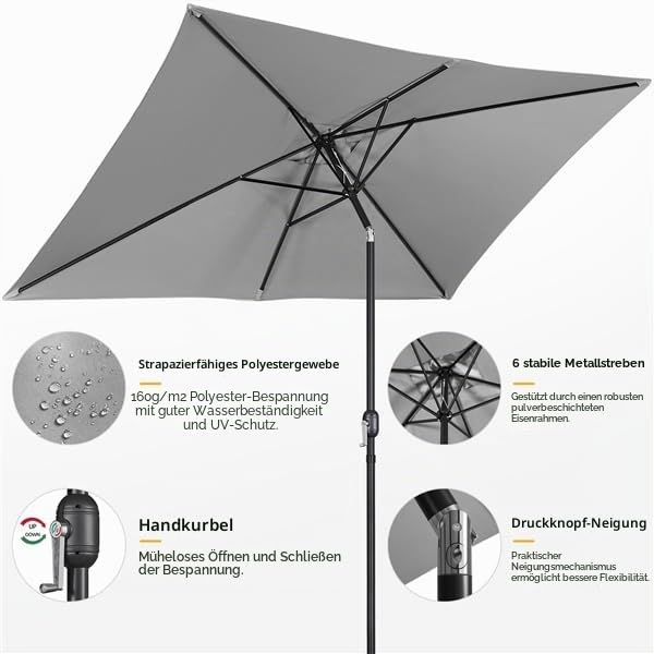 Yaheetech Sonnenschirm Gartenschirm Ø 293cm Balkonschirm mit 6 Rippen Rechteck Markschirm Sonnenschutz Terrassenschirm Kurbelschirm für Balkon