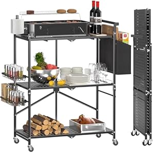 Foldable Outdoor Grill Cart with 3-Tier,Grill Cart,Grill Table for Outside with 2 Total Lock Casters,Pizza Oven Stand Table,Rolling BBQ Table and Folding Kitchen Island, Black Foldable Outdoor Grill Cart with 3 TierGrill CartGrill Table for Outside with 2 Total Lock CastersPizza Oven Stand TableRolling BBQ Table and Folding Kitchen Island Black
