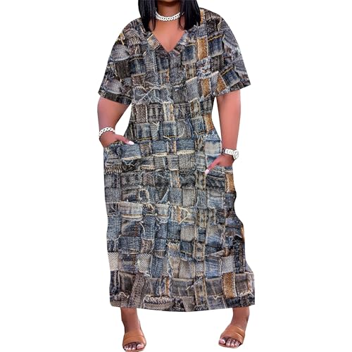 Image of SUZONANA Plus Size Denim Print Shirt Maxi Dresses for Curvy Women Casual Blue Jean Summer Outfits Long Short Sleeve Dress with Pockets Patchwork 2XL