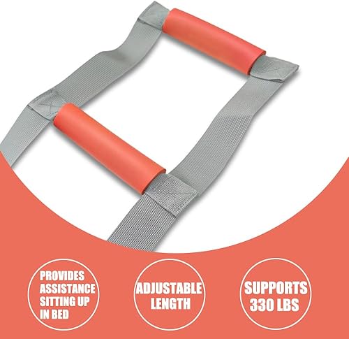 Miniatura 2 de Escalera de cama gris con 5 agarres naranjas suaves para pacientes ancianos, longitud ajustable para levantarse de la cama para personas mayores,