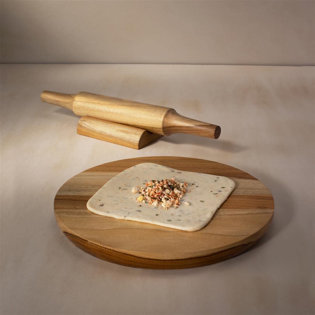 Ellementry in Teak Wooden Chakla Belan with Stand for Kitchen Use, Traditional Roti Maker with Wooden Rolling Pin, Chapati Board and Belan Combo, Kitchen Utensils for Roti, Poori & Chapathi - Large