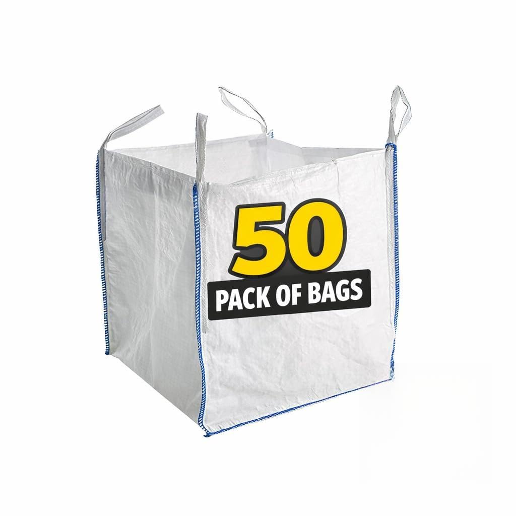 HunnyGoods Ltd 1 Tonne Bulk Bags | Trade Grade FIBC Builders Dumpy Bags 1000kg | Commercial Garden & Construction Waste | 85x85x85cm White (50)